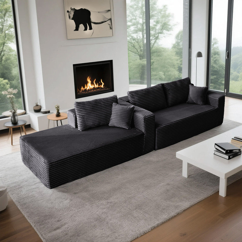 Canapé modulaire en forme de L Boneless, Velours côtelé noir