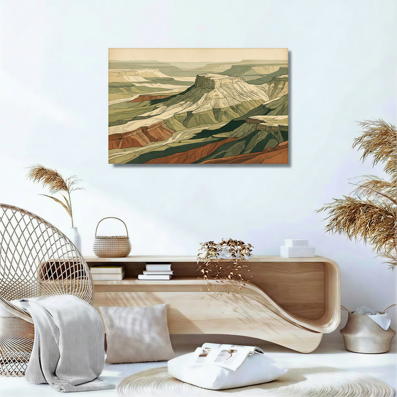 Art mural sur toile stylisé «Mesa Canyon» en vert terreux et rouille, H 36 po x l 48 po