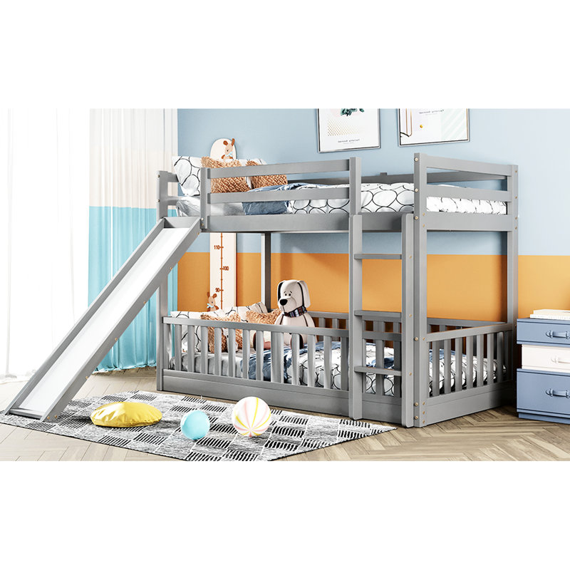 Lit simple au-dessus d'un lit superposé avec glissade et gris - Assemblage pratique de qualité, Gris