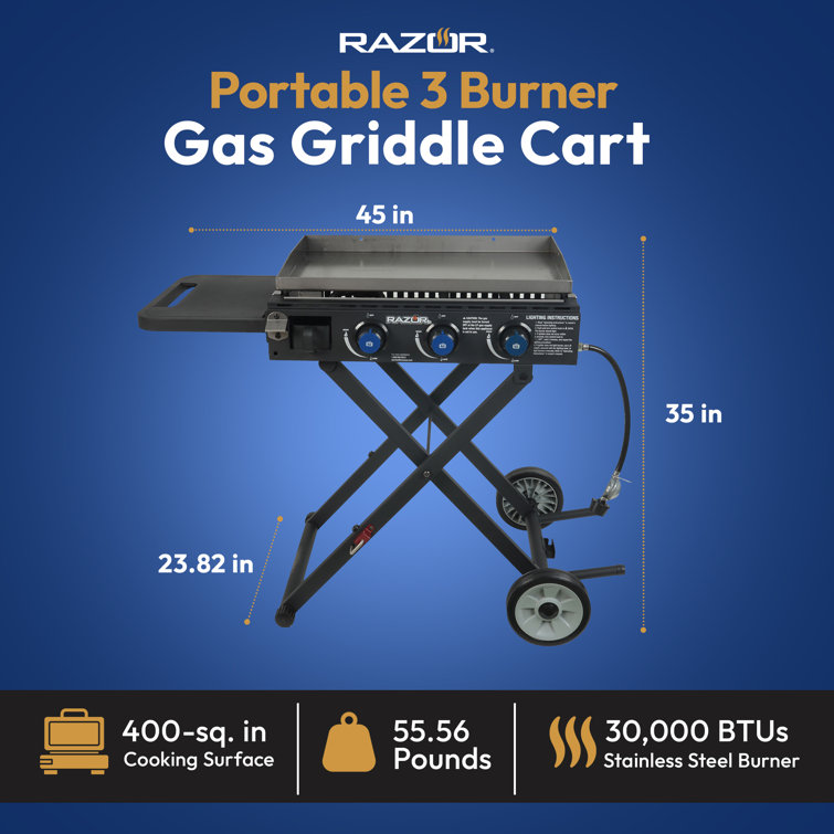 Razor Griddle Portable 4 Burner 40,000 BTU Gas Grill and Griddle Combo with  16 by 16 Inch Cooking Surface Area, Foldable Cart, and Steel Lid, Black