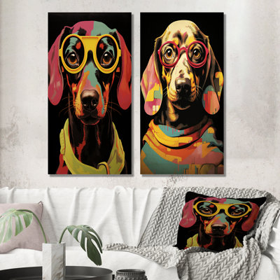 Curious Popart Daschund Dog I - Ensemble de 2 décorations murales en métal Daschund