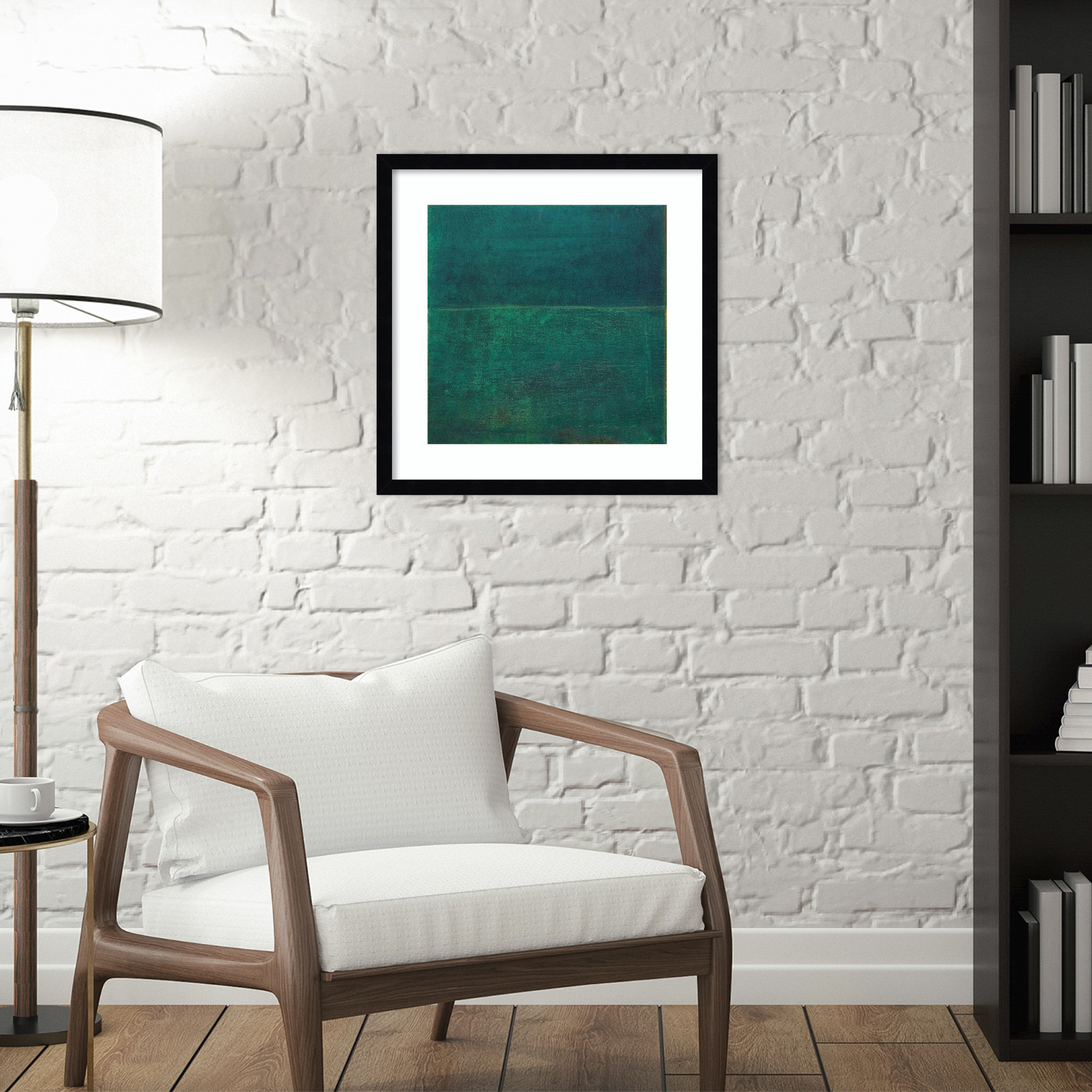 Green Zen I by Jodi Fuchs, 41.12" H x 41.12" W x 0.88" D, Black Framed Paper