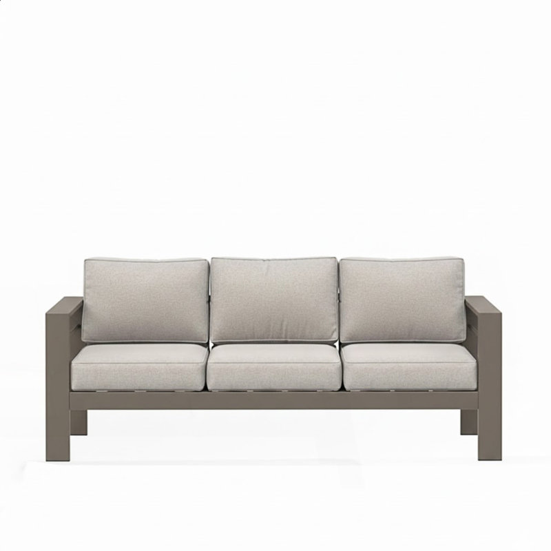All-Weather Metal 3-Seat Patio Sofa With Cushions, Beige, Light Khaki