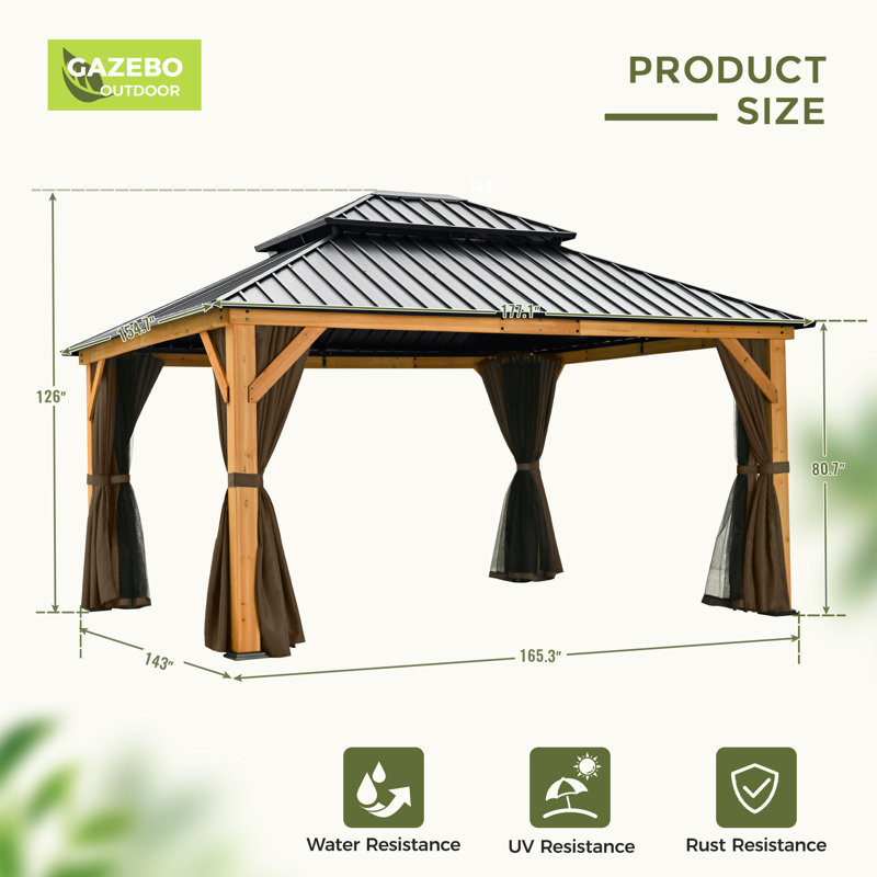 Solid Wooden Patio Gazebo with Double Roof, Netting and Curtains, 13' W x 11' H, Natural Wood, Black