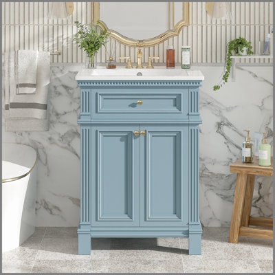 Armoire de salle de bain 24 po avec portes à fermeture douce et tablette réglable, meuble-lavabo avec lavabo en céramique