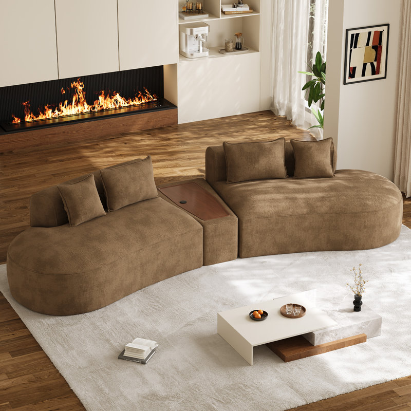 Canapé modulaire en chenille de 153 po de largeur avec table basse à chargement rapide, Brown Chenille