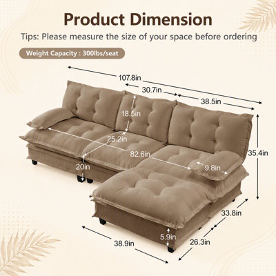 107 Inch L Shaped Modern Modular Sectional Sofa with Ottoman, Deep Seat Chenille Cushions for Ultimate Comfort in Light Coffee