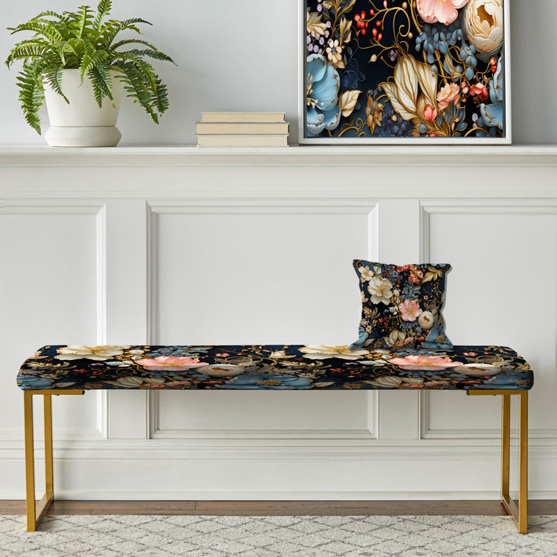 Eclectic Upholstered Gold Bench, Eclectic Flower Patchwork Melody