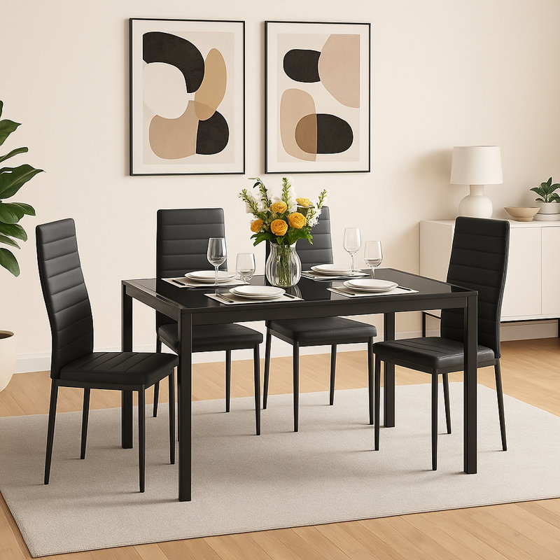 Ensemble de salle à manger moderne 5 pièces avec plateau en verre trempé et chaises en similicuir, noir