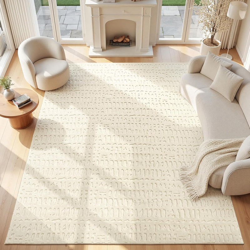 Tapis ivoire moderne en peluche moelleux lavable antidérapant, Rectangle 9 pi x 12 pi