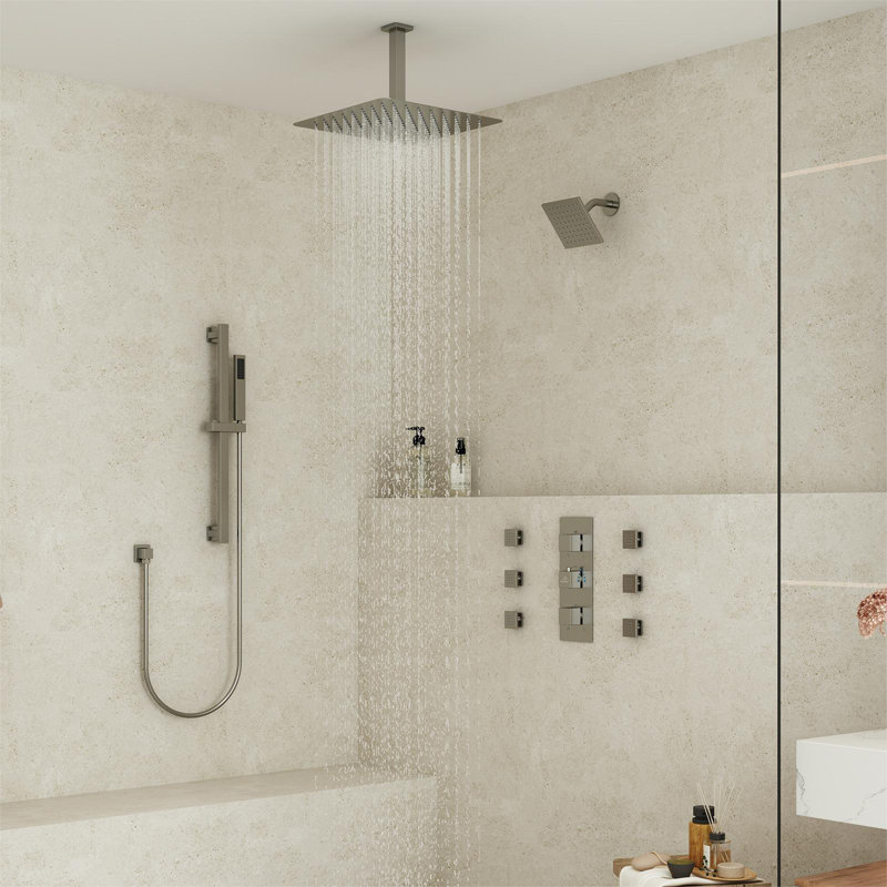 Système de douche thermostatique avec pomme de douche pluviale double 16 pouces avec barre coulissante 16 pouces et douchette corporelle Rainfall Symphony
