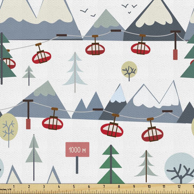 Bryon Snow Capped Mountains Trees and Elevators Ski Resort Setting Fabric