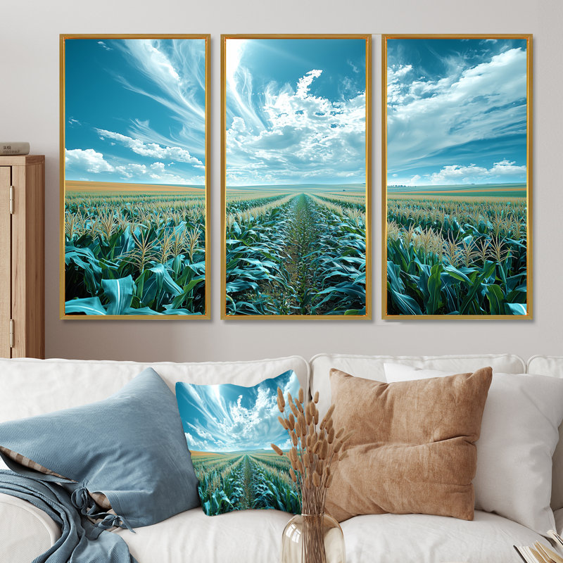 «Green Blue Sky Cornfield Rows I», ensemble d'art mural de ferme, Toile encadrée flottante dorée, H 32 po x l 48 po x P 1 po
