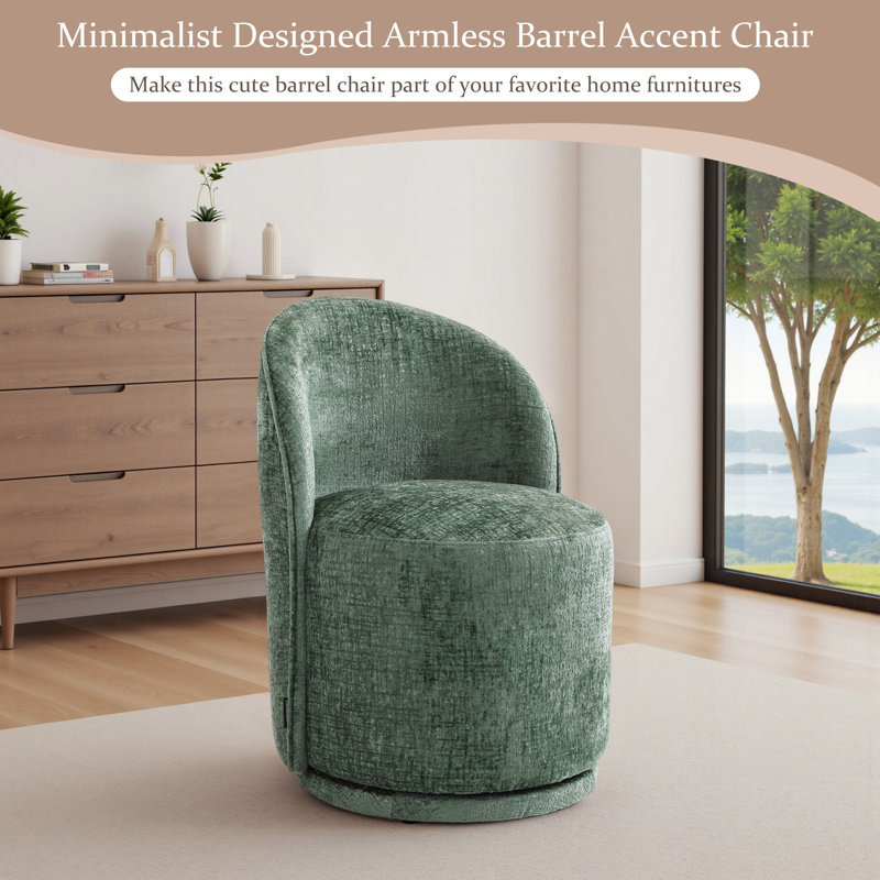 Upholstered Chenille Swivel Barrel Chair, Green Chenille