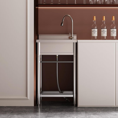 Ensemble d'évier de cuisine à cuve simple en acier inoxydable autoportant, lavabo utilitaire commercial pour restaurant, buanderie, intérieur et extérieur