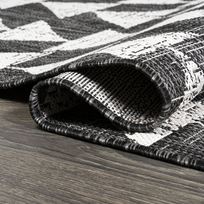 Tanna Modern Tribal Geometric Black/Ivory Indoor/Outdoor Rug, Runner 2'2" x 10'