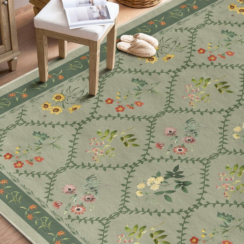Floral Geometric Area Rug - Green Modern Low-Profile Washable Rug, Spring Summer Indoor For Living Room, Bedroom, Dining Room, Kids Playroom
