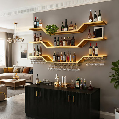Support à vin 31,5 po à fixation murale moderne à 3 niveaux avec tablettes flottantes à 3 niveaux avec support pour verres à vin, grande étagère à liqueurs murale suspendue, pour la maison, bar, salle à manger, café décoratif (doré, 31,5 po / 80 cm)