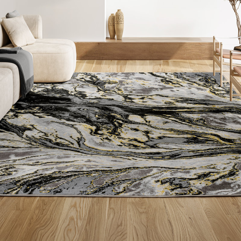 Tapis noir / jaune à motif abstrait Horfield, Rectangle de 5 pi x 8 pi