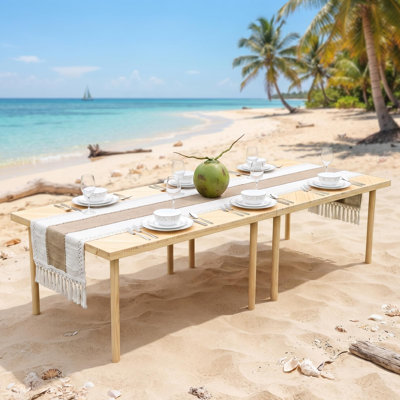 58.5" L × 28.5" W Foldable Solid Pine Low Picnic Table, Portable Floor Camping Table with Carry Handle, Tool-Free Assembly, Boho Coffee Table with Included Tassel Table Runner for Beach, Picnic, Backyard & Living Room, Natural Wood