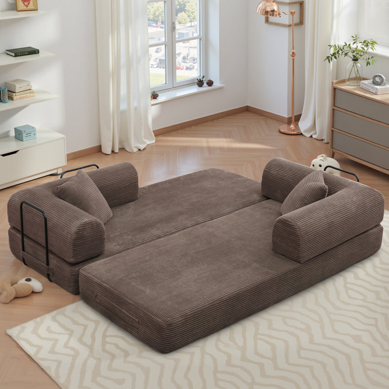 Boneless 80.7" Corduroy Sleeper Sofa Modular Sofa Bed Compression Foam Couch Bed With 2 Pillows - No Assembly Required, Brown