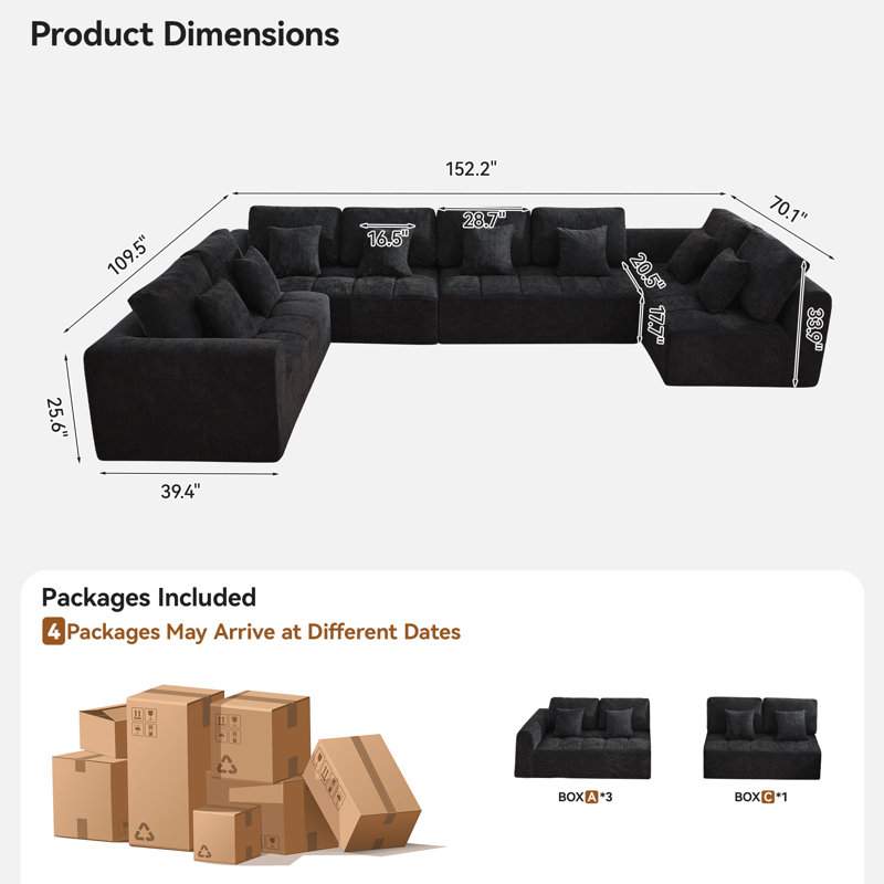 Canapé modulaire surdimensionné de 152,2 po Boneless, Chenille noir
