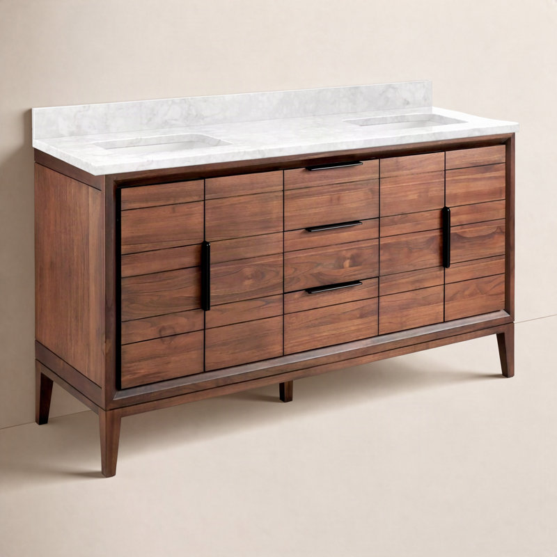 Aliso 60" Double Bathroom Vanity, No Faucet Hole, Carrara Marble, Java