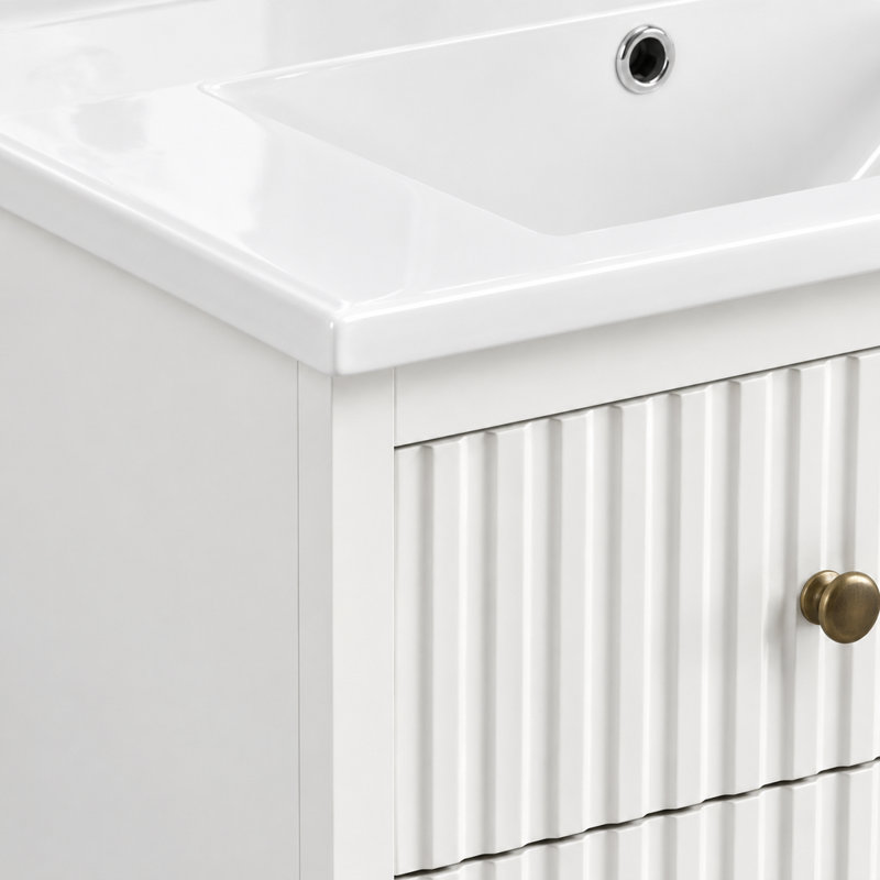 Meuble-lavabo blanc de 61 cm (24,07 pouces) avec lavabo en céramique, armoire de rangement murale avec 2 tiroirs cannelés