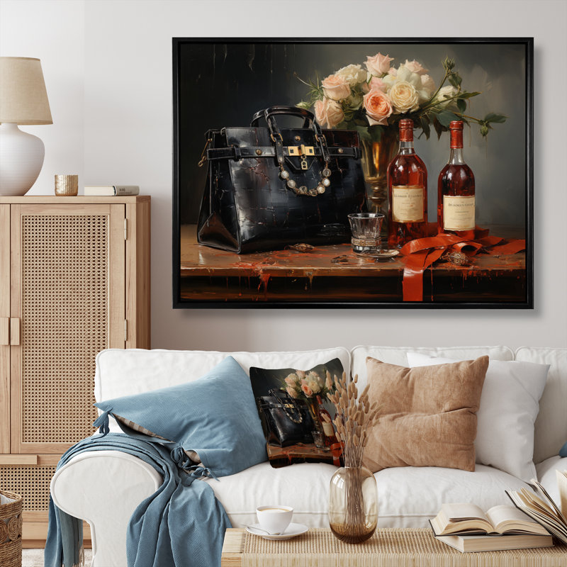 Vin et sac à main de luxe - reproduction sur toile, H 16 po x l 32 po x P 1 po, Cadre flottant noir