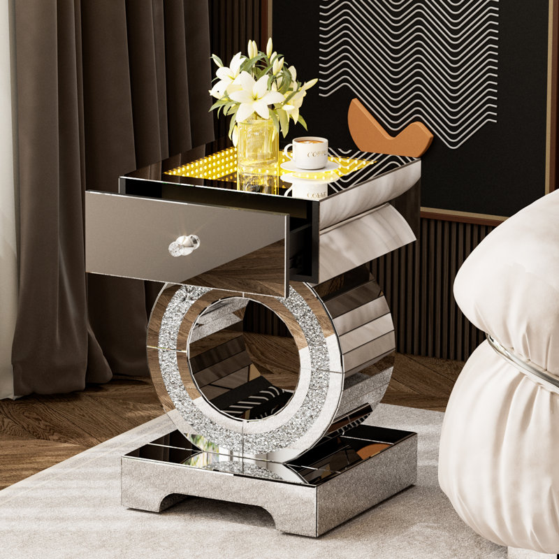 Table de bout en miroir avec lumière DEL, table de chevet en miroir avec grand tiroir, table d'appoint argentée avec diamants écrasés pour le salon, la chambre à coucher et le bureau