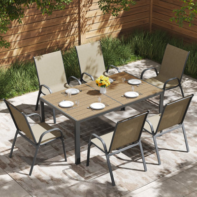 6 - Person Outdoor Patio Dining Set, 59.1'' Hdpe Dining Table & Stackable Chairs , All Weather Dining Set For Lawn, Garden, Backyard