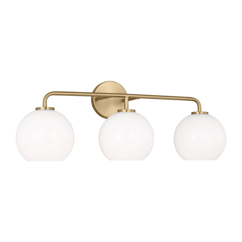 Childerley 26.5" W 3-Light Steel Vanity Light with Glass Globe Shades, Satin Brass, White