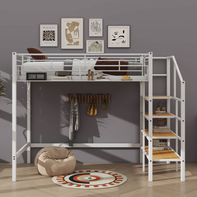 Sturdy Twin Size Metal Loft Bed Featuring Upper Grid Storage Shelf And Side Access Ladder