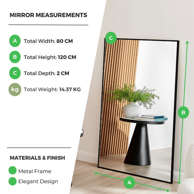 Alcantera Rectangle Metal Frame Wall Mirror Simple and Elegant Modern Design, Black, 120cm H x 80cm W