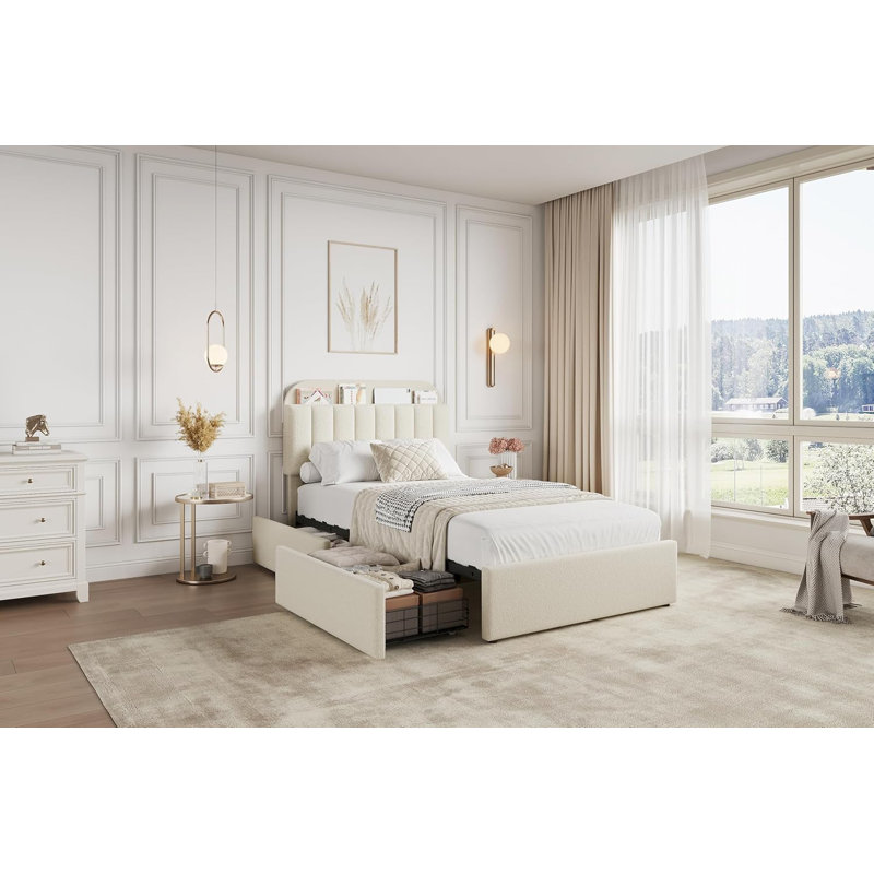 Twin Boucle Upholstered Platform Bed with Bookcase Headboard & 2 Drawers, Beige, Beige, Twin