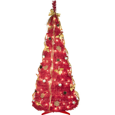 6ft Red Christmas Tree With Pop-up Design, 150 Warm White Led Lights, Includes Ribbons, , Flowers, Snowflakes, Pine & Balls, Ideal For Secondary Room Decor Tree, Space And Easy To Collapse Storage