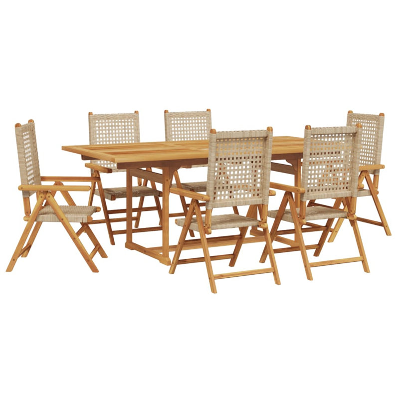 Ensemble de salle à manger de jardin en bois d'acacia massif, rotin PE, grand, Beige
