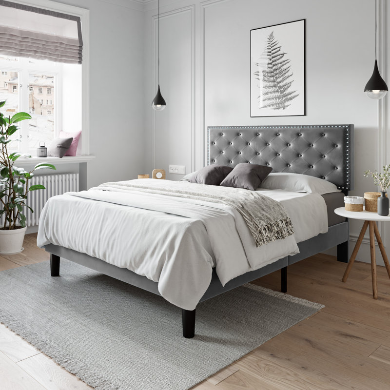 Basnett Upholstered Platform Bed, Gray, Full / Double