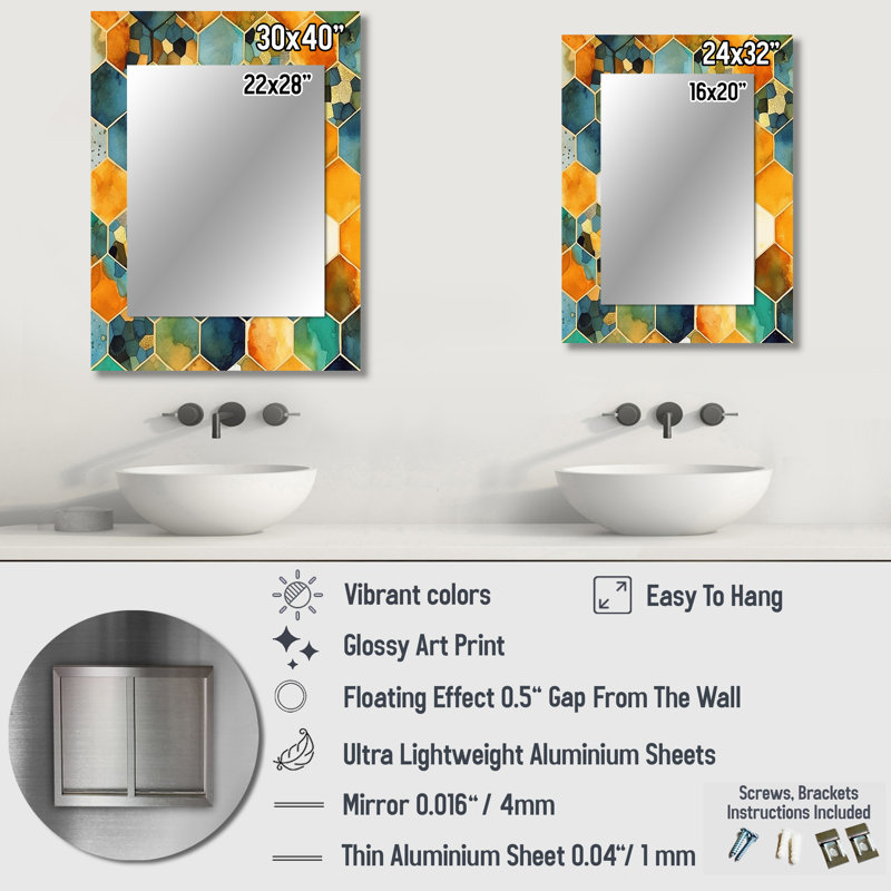 Coloré Hexagone III - miroir de formes abstraites, miroir mural décoratif moderne, impression d'art en métal, 40 po x 30 po