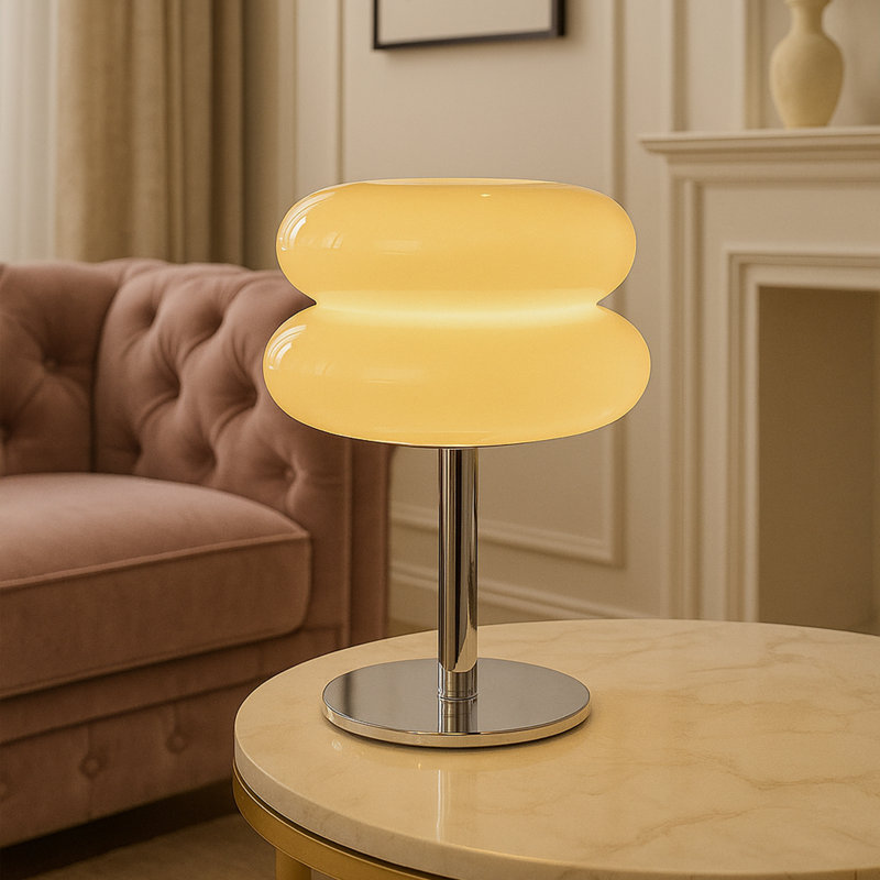 Lampe de table «burger» en verre beige avec ampoule tricolore E26, conception à brancher