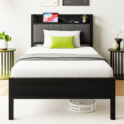 Lit simple avec structure en métal stable, tête de rangement et ports de charge - Respirant, espace sous le cadre tapissier de 39,16 po de largeur, confortable