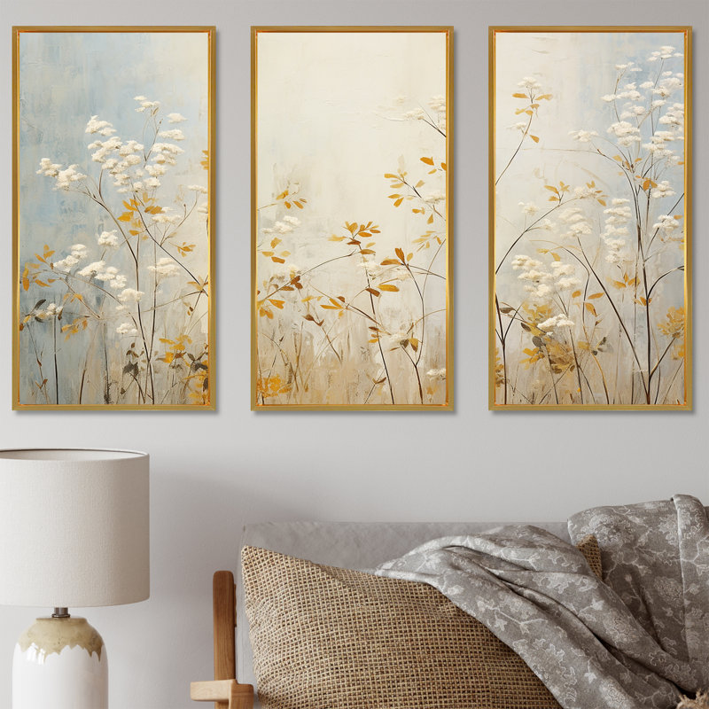Ensemble de salon Beige Herbs Minimal Harmony - Floral Herbs Wall Art, Cadre flottant doré, H 28 po x l 36 po x P 1 po