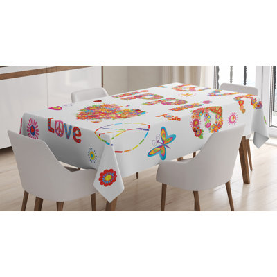 Ambesonne Groovy Tablecloth, Love Hippie Flowers Season Ladybird Ladybugs Nature Flourishes Art Print, Rectangular Table Cover For Dining Room Kitchen Decor, 52" X 70", Multicolor