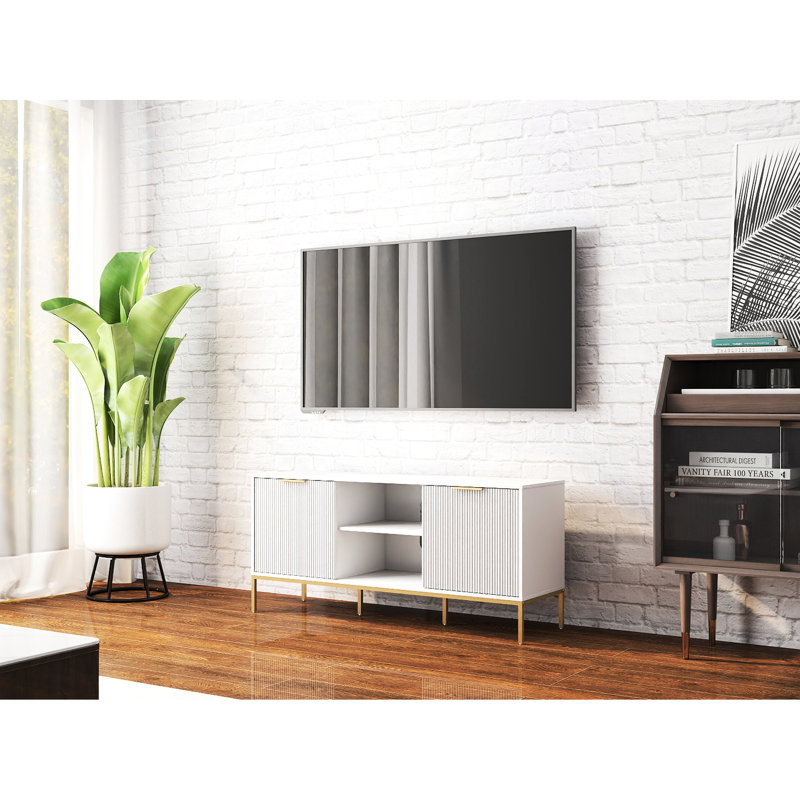60 - 69 Inches Modern Tv Stand With Wave Pattern Doors, Open Middle Shelf For And Decor, Adjustable Storage, White Gold Accented Cabinet Living Room Inches, Dual Gaming Consoles, Movable Shelf,