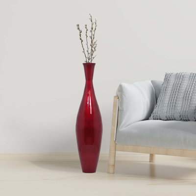 Uniquewise Tall Bamboo Floor Vase 43 Inch - Large Decorative Trumpet Vase for Pampas Grass, Rustic Centerpiece for Living Room, Dining Room, Entryway - Modern Red, 11 Inch Diameter