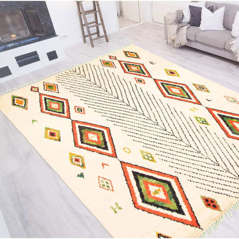 Tapis décoratif de laine marocaine de conception unique Ivoire 8 pi x 10 pi 4 po Auralee noué à la main