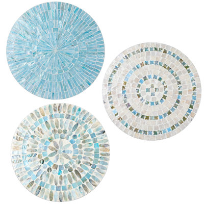 3 Pcs 11.8 Inches Spring Summer Blue Mother of Pearl Shell Plate Coastal Wall Art Mosaic Wall Sculpture Shell Handmade Hanging Plates Arts for Bedroom Bathroom Home Office Hotel