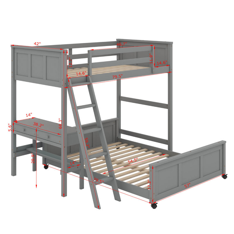 Lit simple superposé au dessus d'un lit double avec bureau, gris