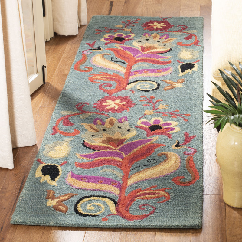 Jahiem Hand-Hooked Wool Dark Green Teal Area Rug, Runner 2'6" x 10'