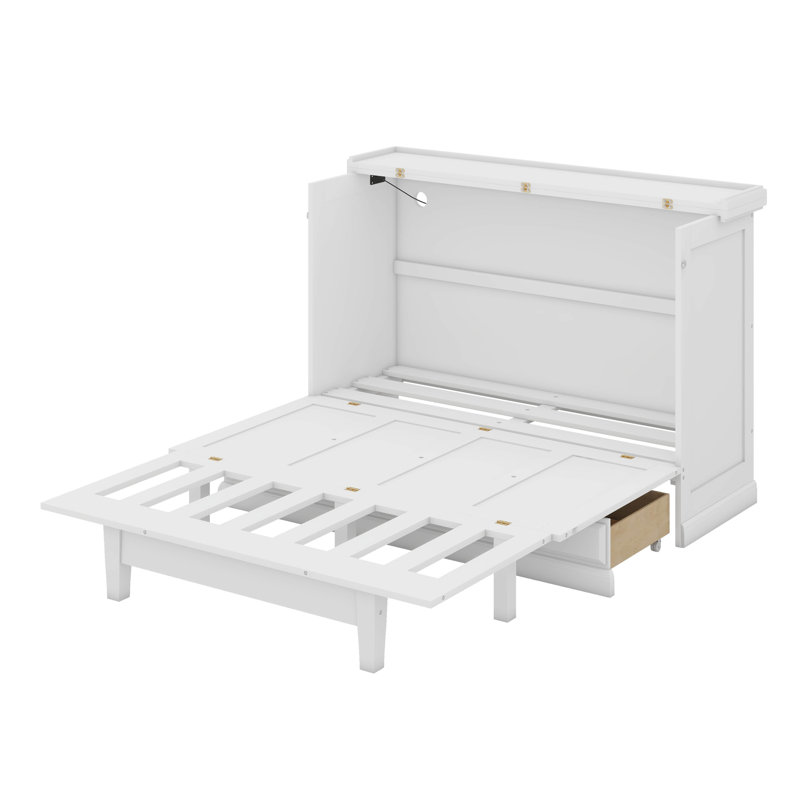 Armoire-lit escamotable avec commode et grand tiroir de rangement Murphy, Blanc, Double
